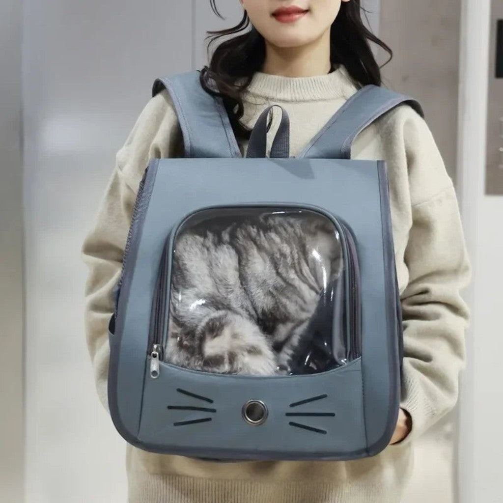 Sac à dos de transport pour chat Esprit Chat gris en nylon avec fenêtre transparente et motif moustaches