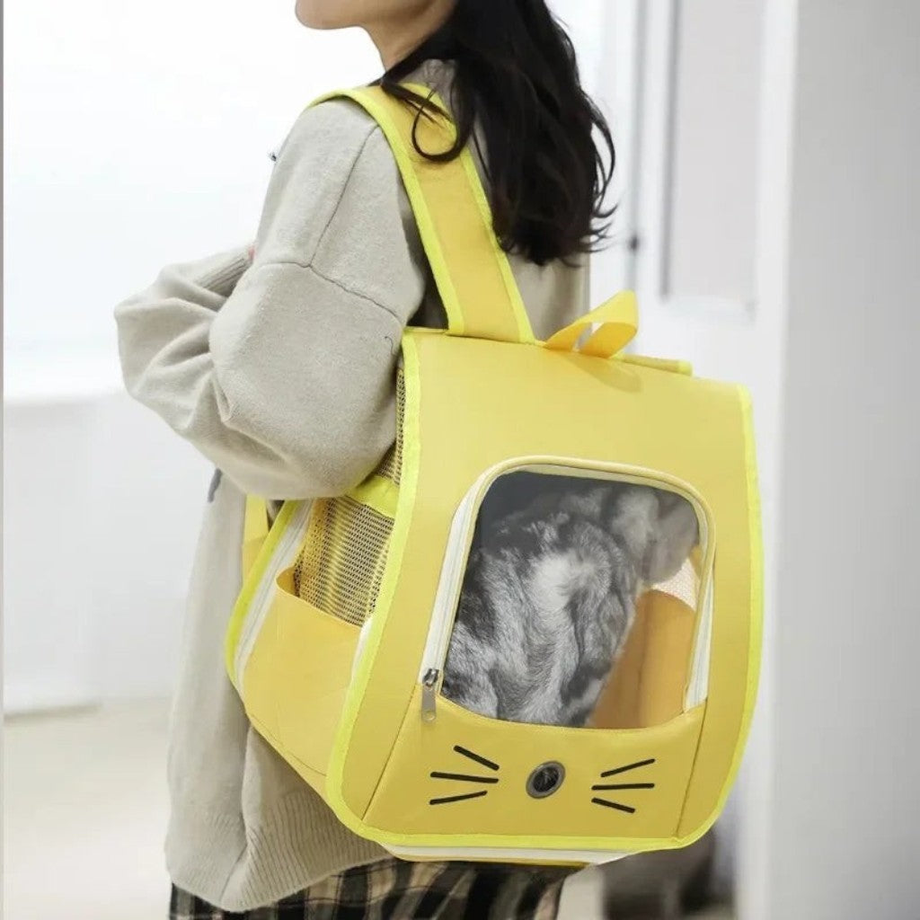 Sac à dos de transport pour chat Esprit Chat jaune en nylon avec fenêtre transparente et motif moustaches
