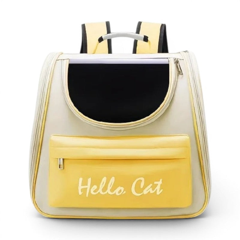 Sac à dos de transport pour chat Esprit Chat jaune et beige en tissu synthétique avec poche zippée Hello Cat