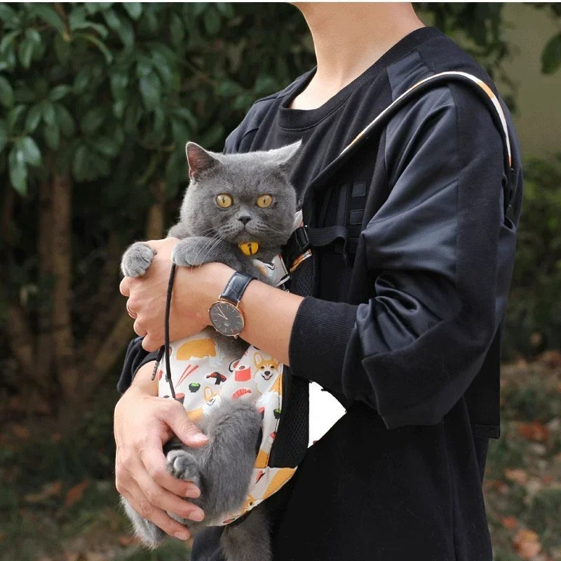 Sac à dos de transport Esprit Chat pour chat gris, design confortable avec ouverture pour les pattes et motif sushi