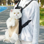 Chat blanc dans un sac à dos de transport Esprit Chat en nylon beige et noir, porté sur le devant par une personne.