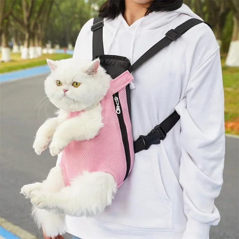 Sac à dos Esprit Chat rose en nylon respirant pour transporter un chat blanc en extérieur avec pattes sorties