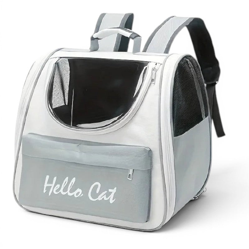 Sac à dos de transport Esprit Chat blanc et gris avec fenêtre transparente et poche frontale Hello Cat