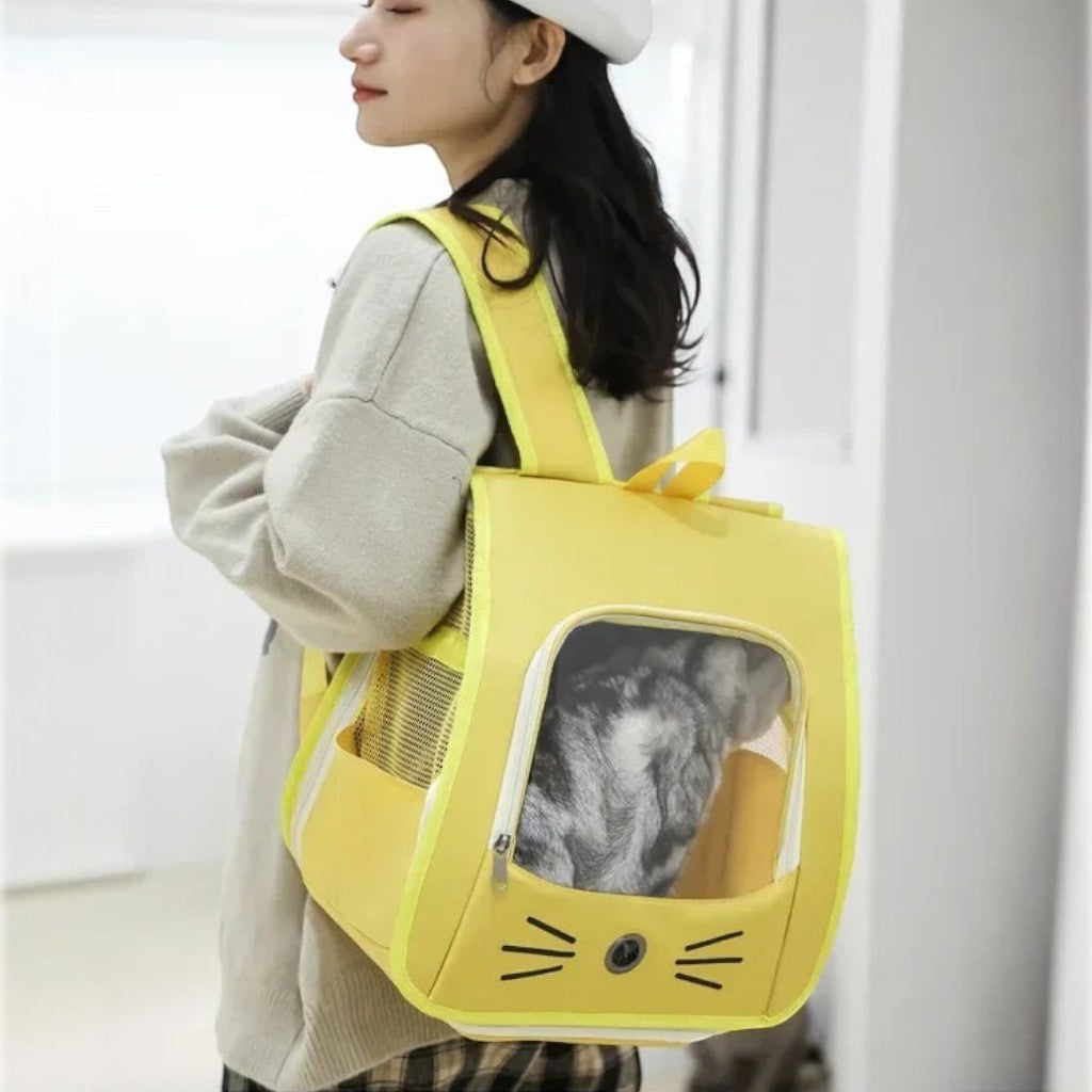 Sac à dos de transport pour chat Esprit Chat jaune en nylon avec fenêtre transparente et motif moustaches