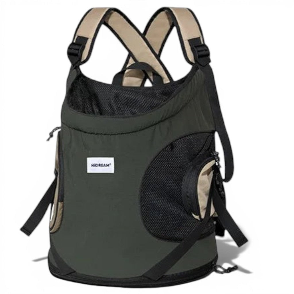 Sac à dos de transport Esprit Chat en nylon vert et beige pour chiens et chats avec empiècements en maille respirante