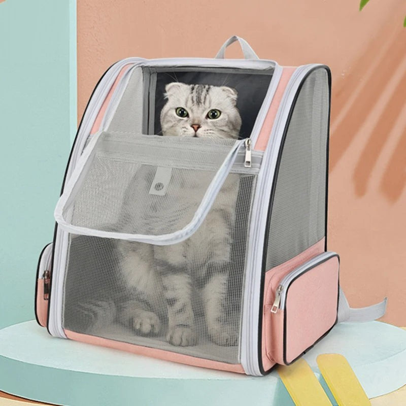 Sac à dos de transport Esprit Chat rose et gris en fibre avec filet pour chat de 6kg maximum