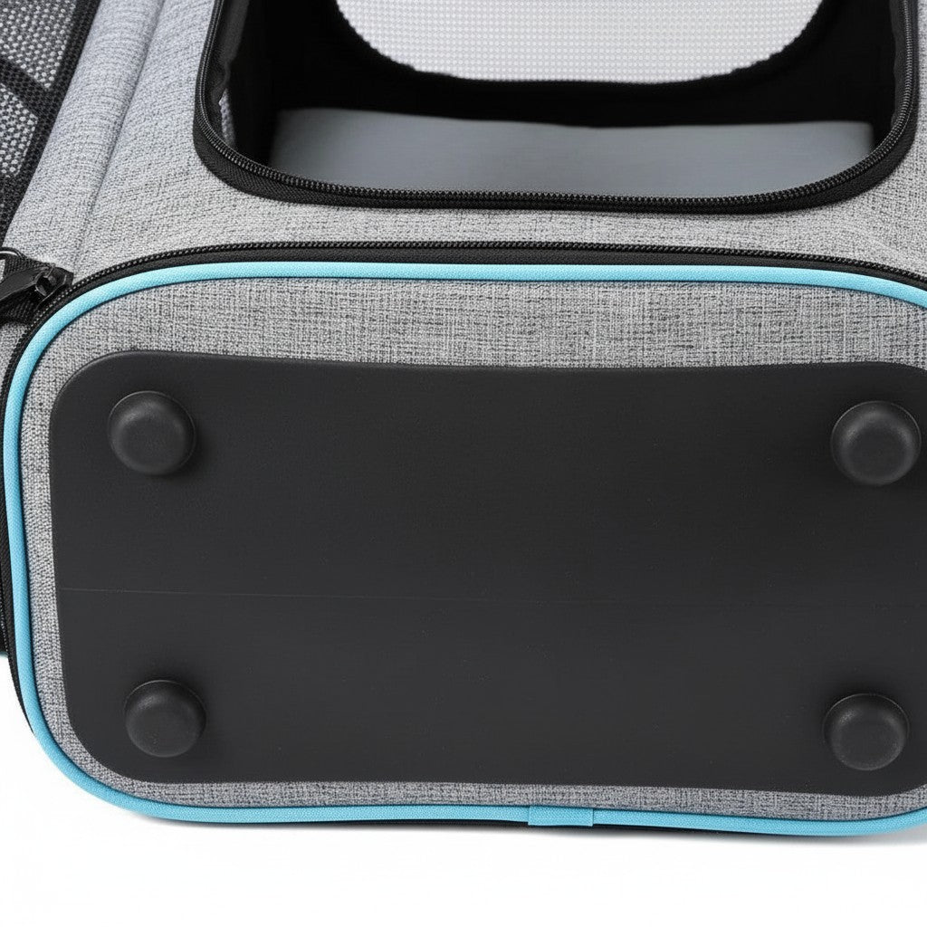 Base renforcée Esprit Chat avec pieds antidérapants pour sac de transport extensible en nylon gris et bleu