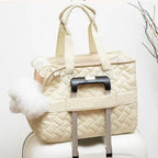 Sac de transport Esprit Chat beige matelassé pour petit chien ou chat, style élégant avec fixation pour valise