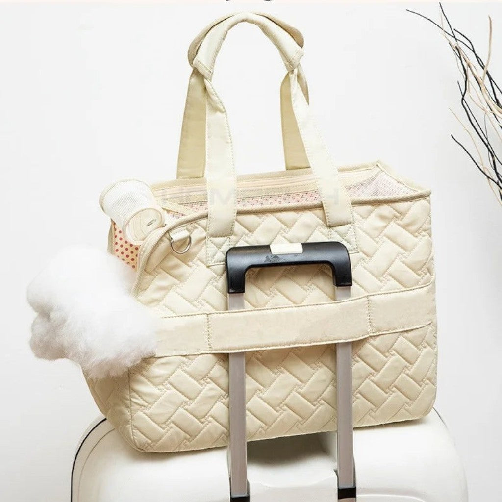 Sac de transport Esprit Chat beige matelassé pour petit chien ou chat, style élégant avec fixation pour valise