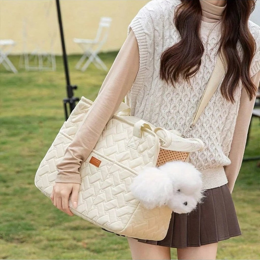 Sac de transport Esprit Chat beige matelassé pour petit chien ou chat, style élégant et respirant