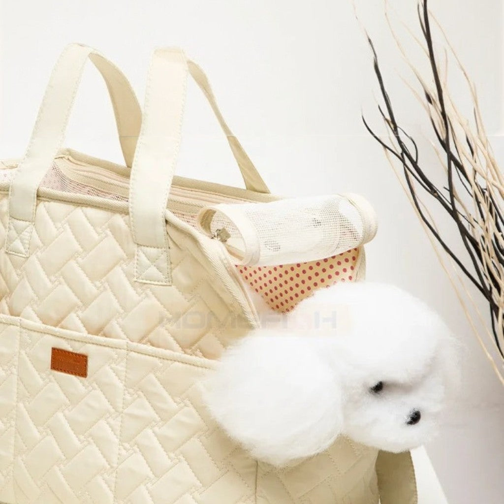 Sac de transport Esprit Chat beige matelassé avec motif à pois à l'intérieur pour petit chien ou chat