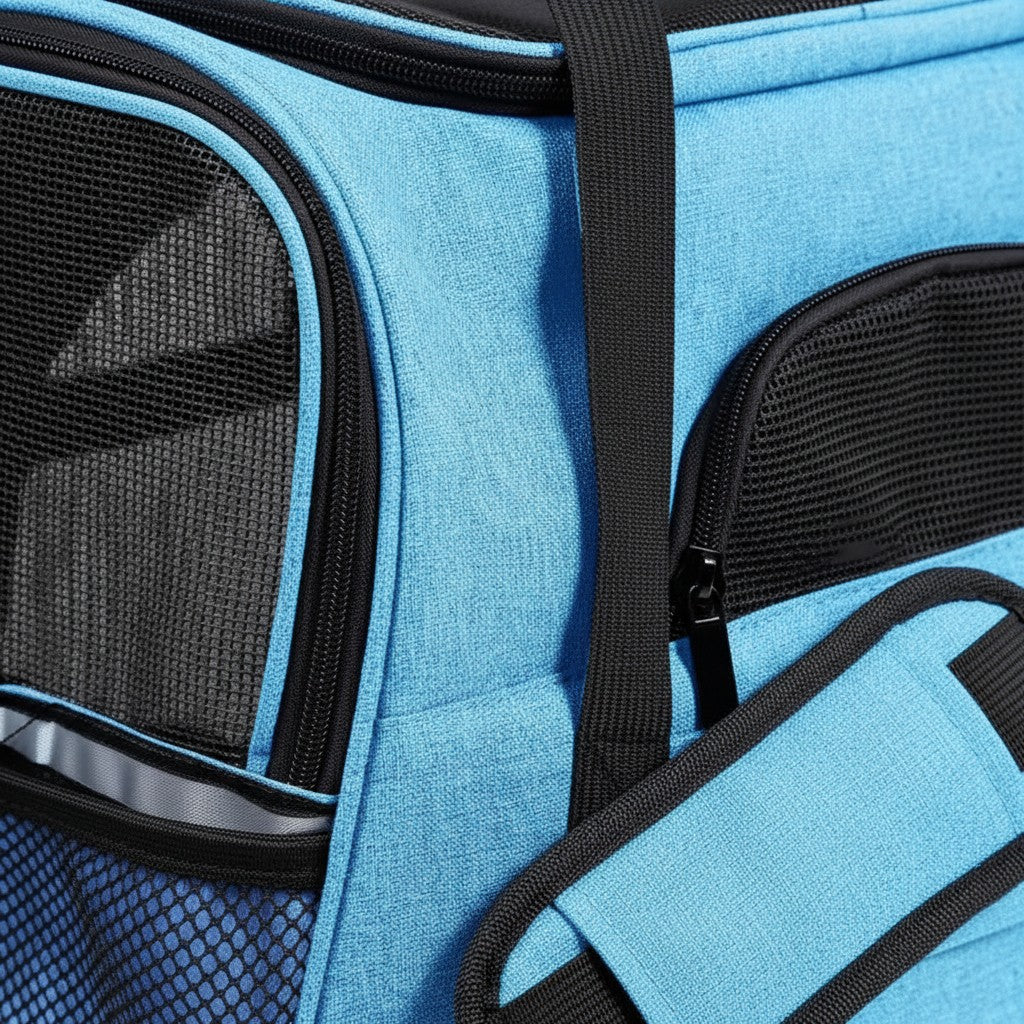 Sac de transport Esprit Chat bleu pour chat avec parois en maille respirante et fermeture éclair robuste