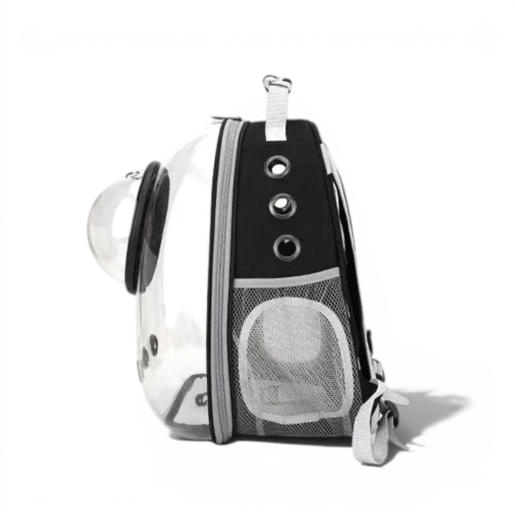 Sac de transport bulle pour chat Esprit Chat en PVC et tissu Oxford noir avec fenêtre transparente et aérations.