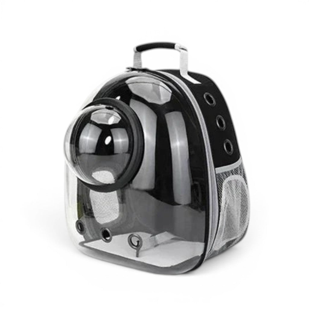 Sac de transport bulle pour chat Esprit Chat en PVC et tissu Oxford noir avec fenêtre transparente et aérations.