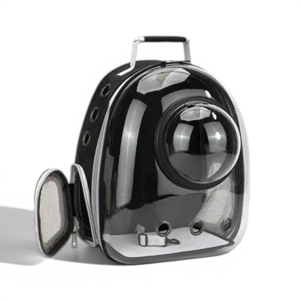 Sac de transport bulle noir en PVC et tissu Oxford pour chat, avec fenêtre transparente et aérations.
