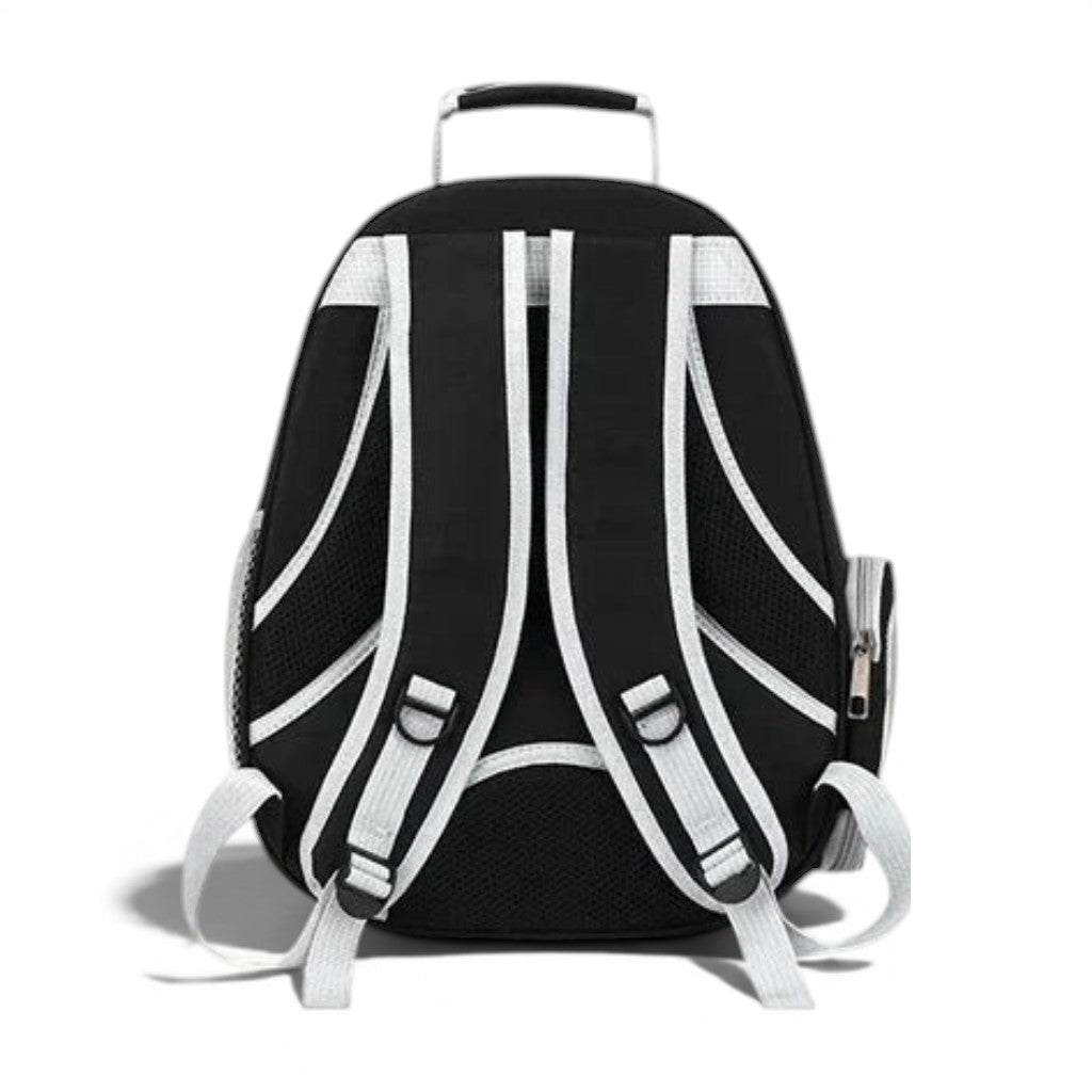 Sac de transport bulle pour chat Esprit Chat en PVC transparent et tissu Oxford noir avec fenêtre ronde et aérations latérales.