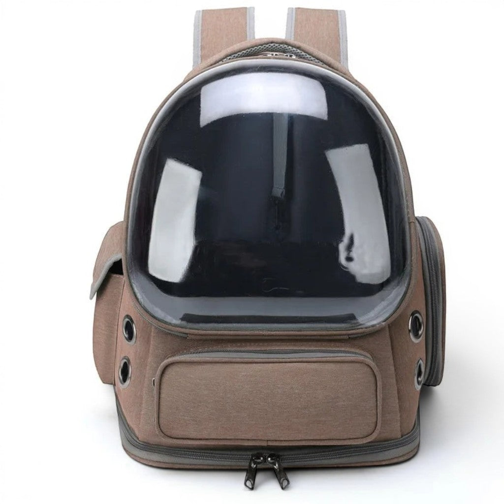 Sac de transport Esprit Chat en nylon kaki avec bulle transparente pour chat, design respirant et imperméable.