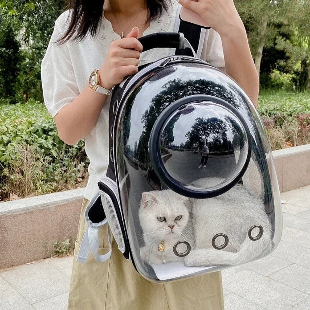 Sac de transport bulle noir en PVC et tissu Oxford par Esprit Chat, avec une fenêtre transparente pour le chat.