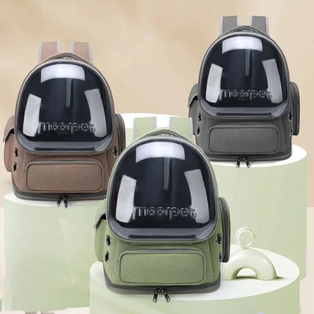 Sac de transport Esprit Chat en nylon avec bulle transparente pour chat, disponible en vert, gris et kaki.