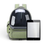 Sac de transport Esprit Chat vert en nylon avec bulle transparente pour chat, design respirant et imperméable.