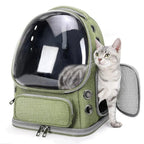 Sac de transport Esprit Chat vert en nylon avec bulle transparente pour chat, design respirant et fermeture éclair.