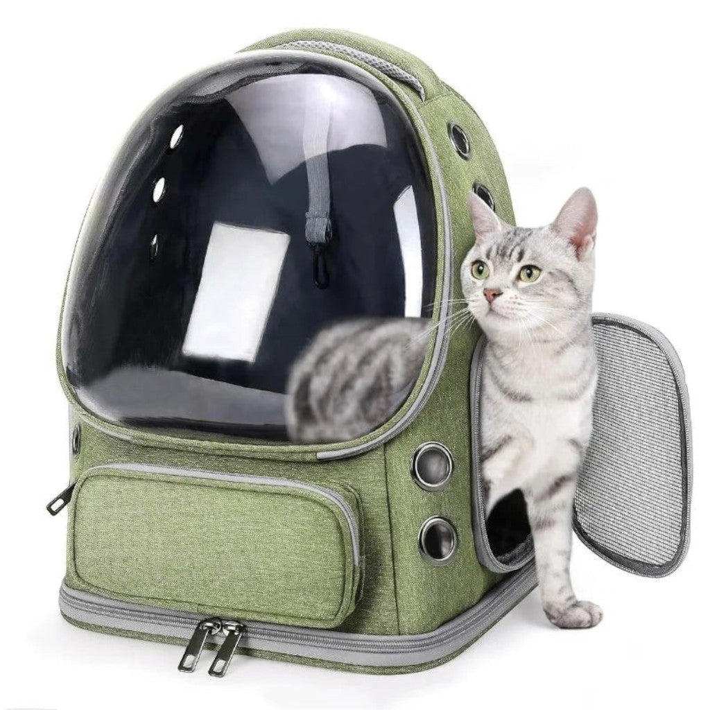 Sac de transport Esprit Chat vert en nylon avec bulle transparente pour chat, design respirant et fermeture éclair.