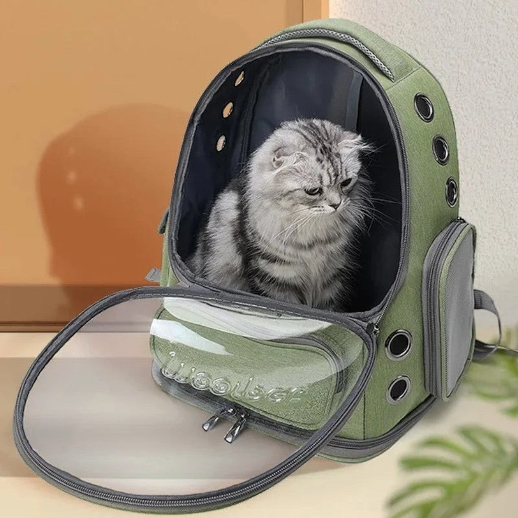 Sac de transport Esprit Chat vert en nylon avec fenêtre bulle transparente pour chat, design respirant et zippé.