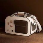 Sac de transport pour chat Esprit Chat en tissu synthétique beige et marron avec motifs de pattes et fermeture éclair