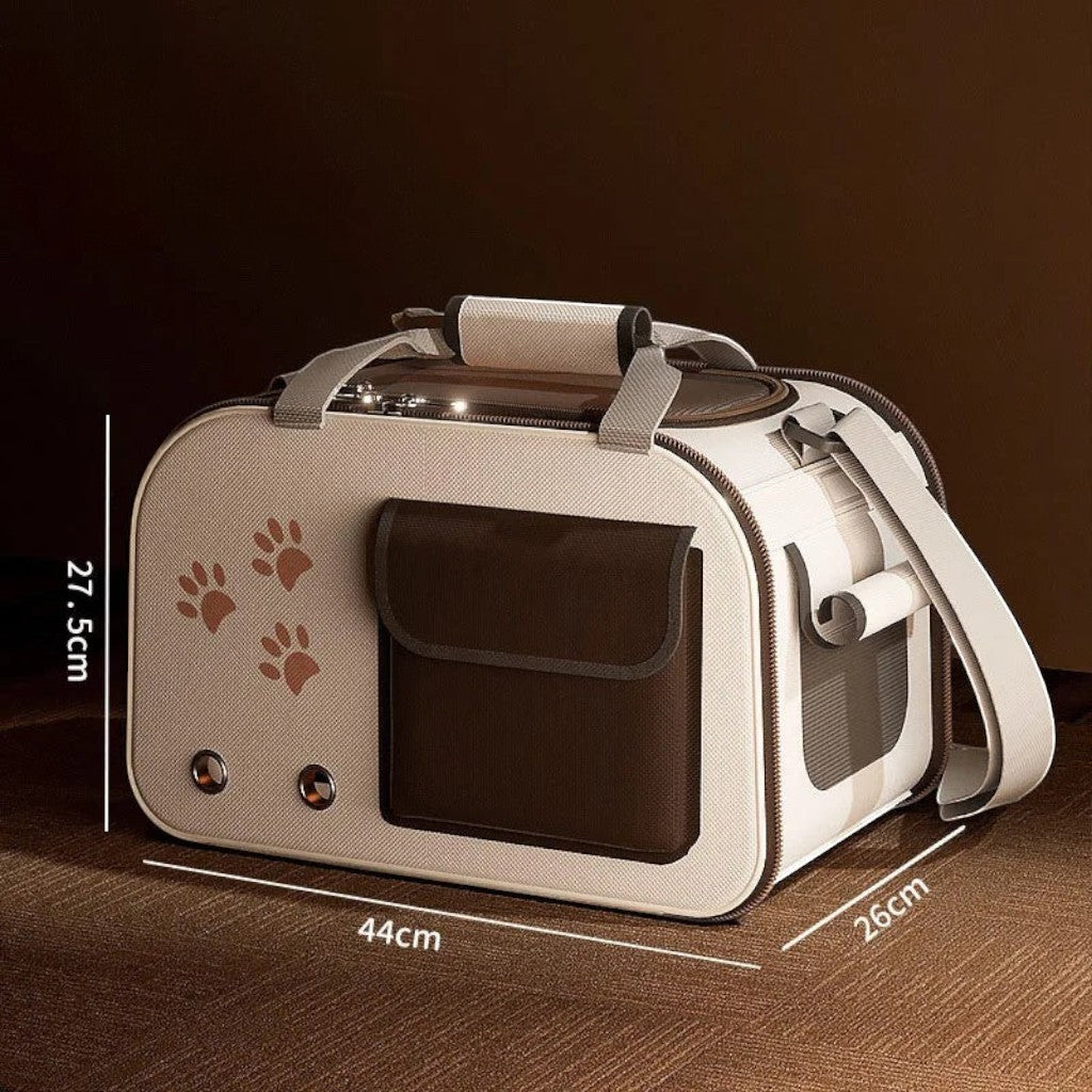 Sac de transport Esprit Chat pour petit chat en tissu synthétique beige et marron avec pochette et motif pattes