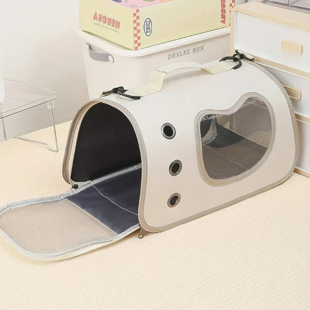 Sac de transport Esprit Chat blanc en tissu Oxford avec fenêtre en forme de cœur et ouvertures zippées pour animaux