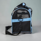 Sac de transport pour chat Esprit Chat bleu et noir en nylon, pliable et respirant avec fermeture éclair.