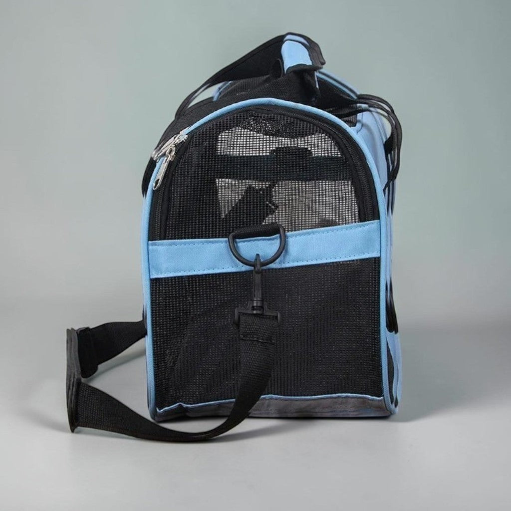 Sac de transport pour chat Esprit Chat bleu et noir en nylon, pliable et respirant avec fermeture éclair.