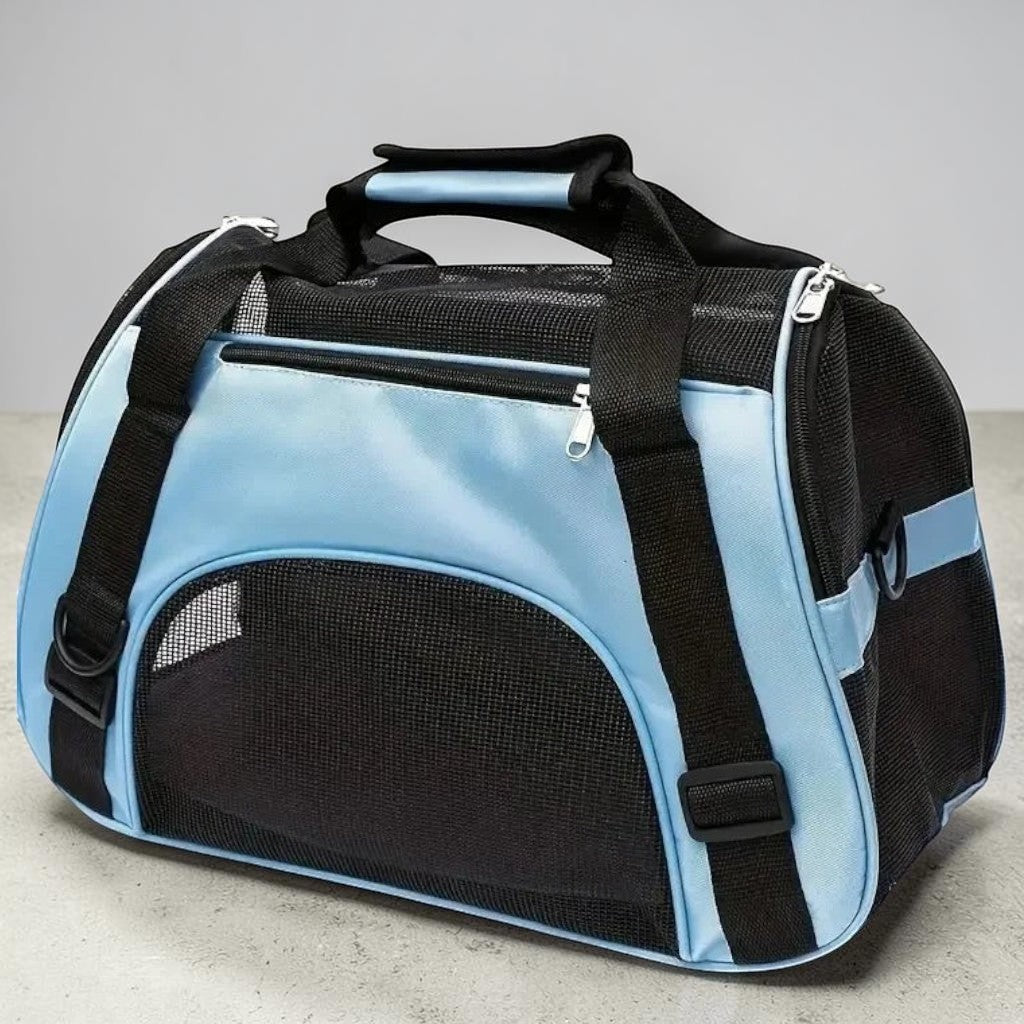 Sac de transport pour chat Esprit Chat bleu et noir en nylon, souple, pliable, avec fenêtres en maille et fermeture éclair.