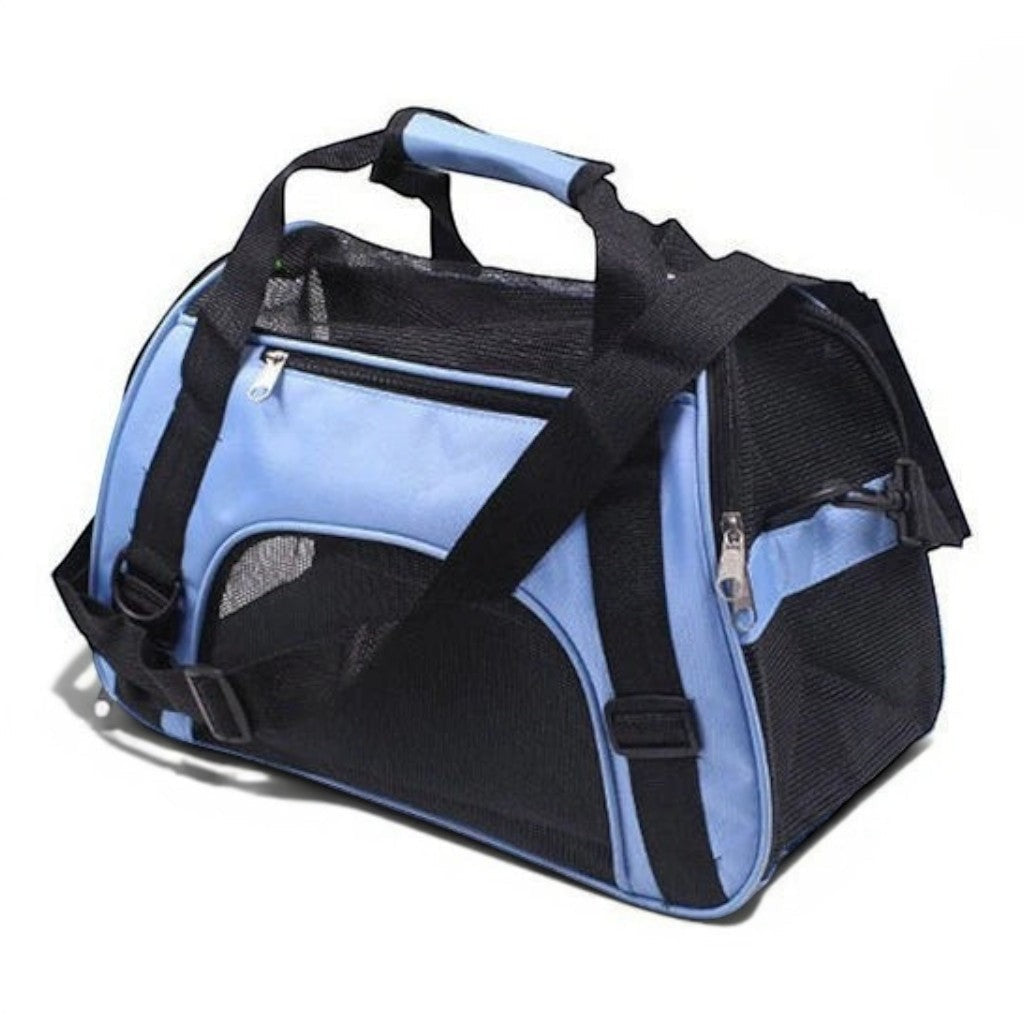 Sac de transport pour chat Esprit Chat bleu et noir en nylon, avec mesh respirant et fermeture éclair.