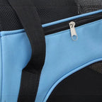 Sac de transport pour chat Esprit Chat bleu et noir en nylon, avec fermeture éclair et anses.