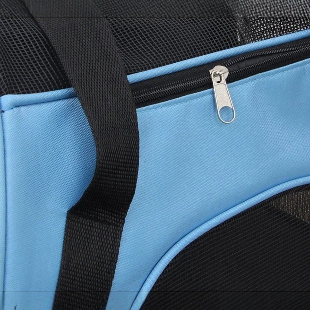 Sac de transport pour chat Esprit Chat bleu et noir en nylon, avec fermeture éclair et anses.