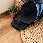 Sac portable à chat Esprit Chat bleu et noir en nylon, avec fermeture éclair et anses, idéal pour le transport.