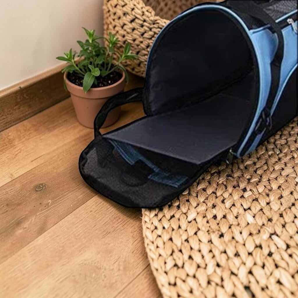 Sac portable à chat Esprit Chat bleu et noir en nylon, avec fermeture éclair et anses, idéal pour le transport.