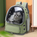 Sac à dos de transport Esprit Chat vert en nylon avec bulle transparente pour chat, design respirant et zippé.