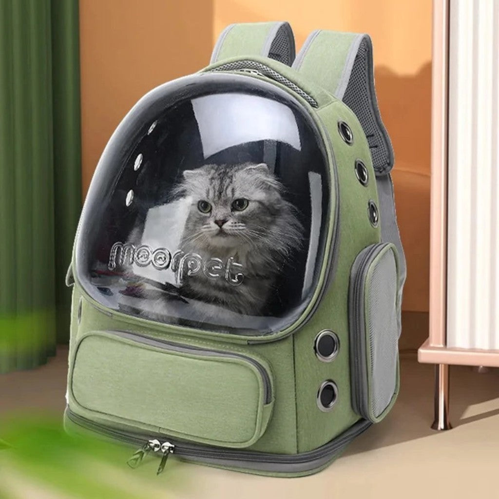 Sac à dos de transport Esprit Chat vert en nylon avec bulle transparente pour chat, design respirant et zippé.
