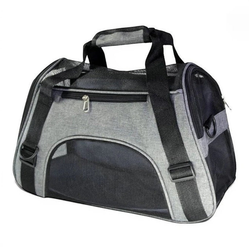 Sac de transport portable gris et noir en nylon pour chat, avec aérations en maille et fermeture éclair.