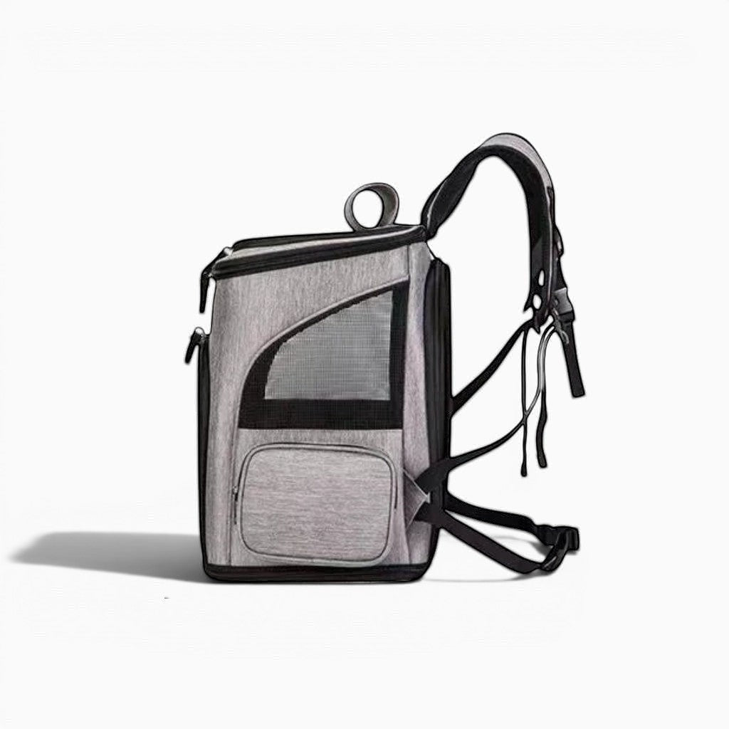Sac de transport pliable pour chat Esprit Chat en nylon gris avec fenêtres en maille et poche avant.