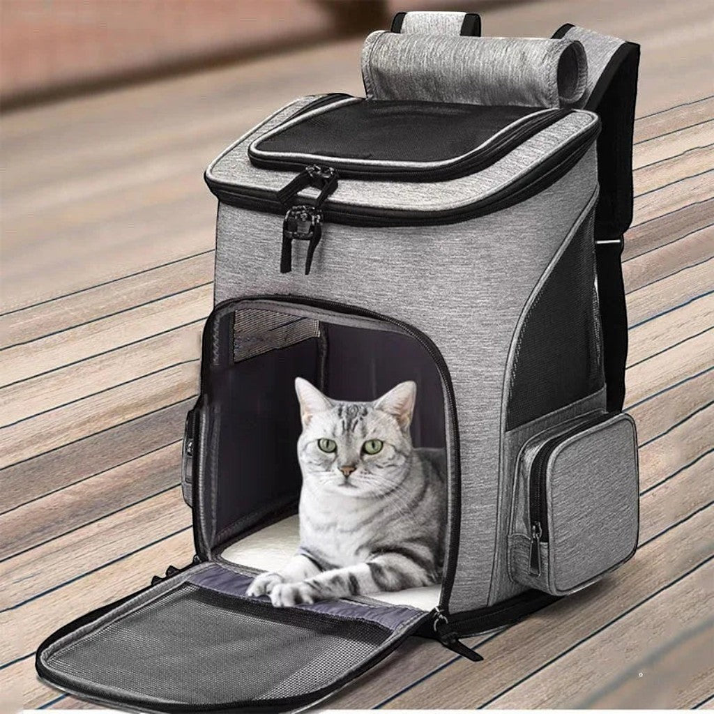 Sac de transport pliable pour chat Esprit Chat en nylon gris, avec fenêtre en maille et fermeture éclair.