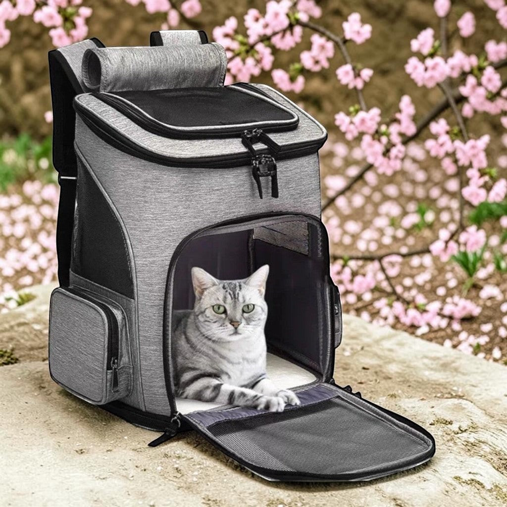 Sac de transport pliable Esprit Chat en nylon gris pour chats de grande race, avec fenêtre en maille et poches latérales.
