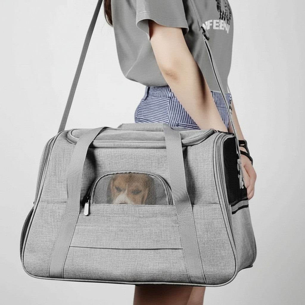 Sac de transport souple gris Esprit Chat en tissu oxford avec fenêtre en filet pour chat ou petit chien