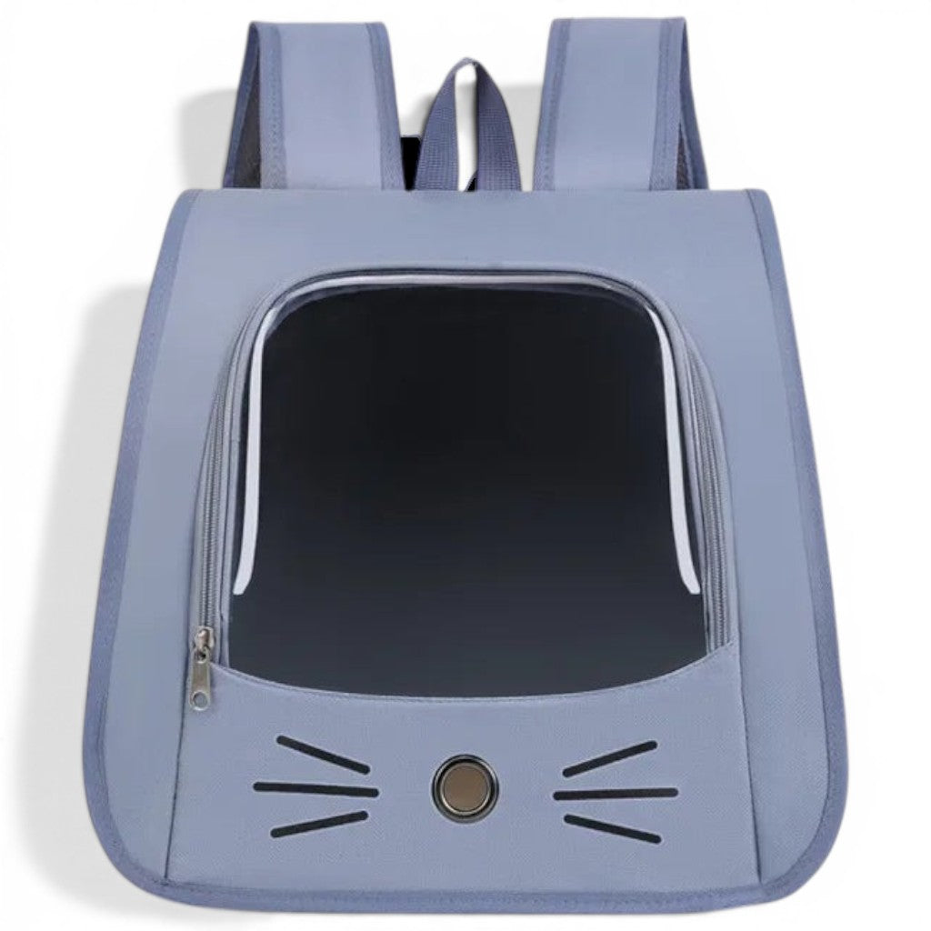Sac à dos de transport pour chat Esprit Chat en nylon gris avec fenêtre transparente et motif moustaches