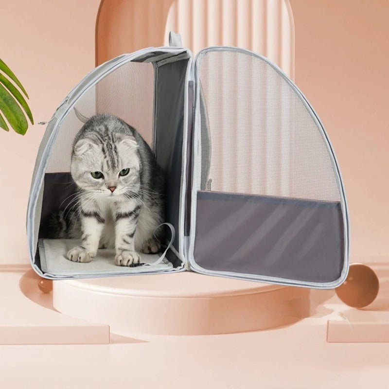 Sac de transport Esprit Chat gris en fibre pour chat jusqu'à 6kg avec ouverture zippée et panneaux en maille aérée