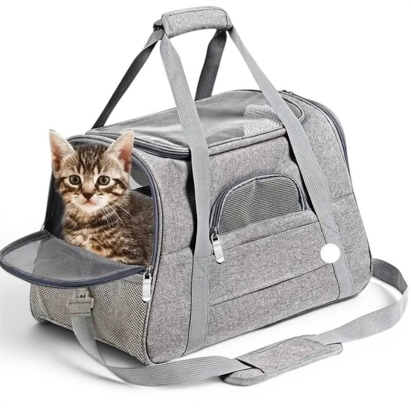 Sac de transport souple Esprit Chat en tissu oxford gris avec filet d'aération pour chat de taille moyenne
