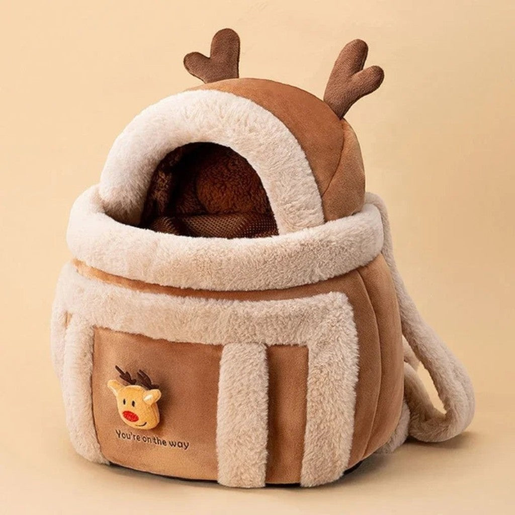 Sac de transport Esprit Chat pour chaton, style hivernal marron en coton doux avec motif renne et doublure fourrée.
