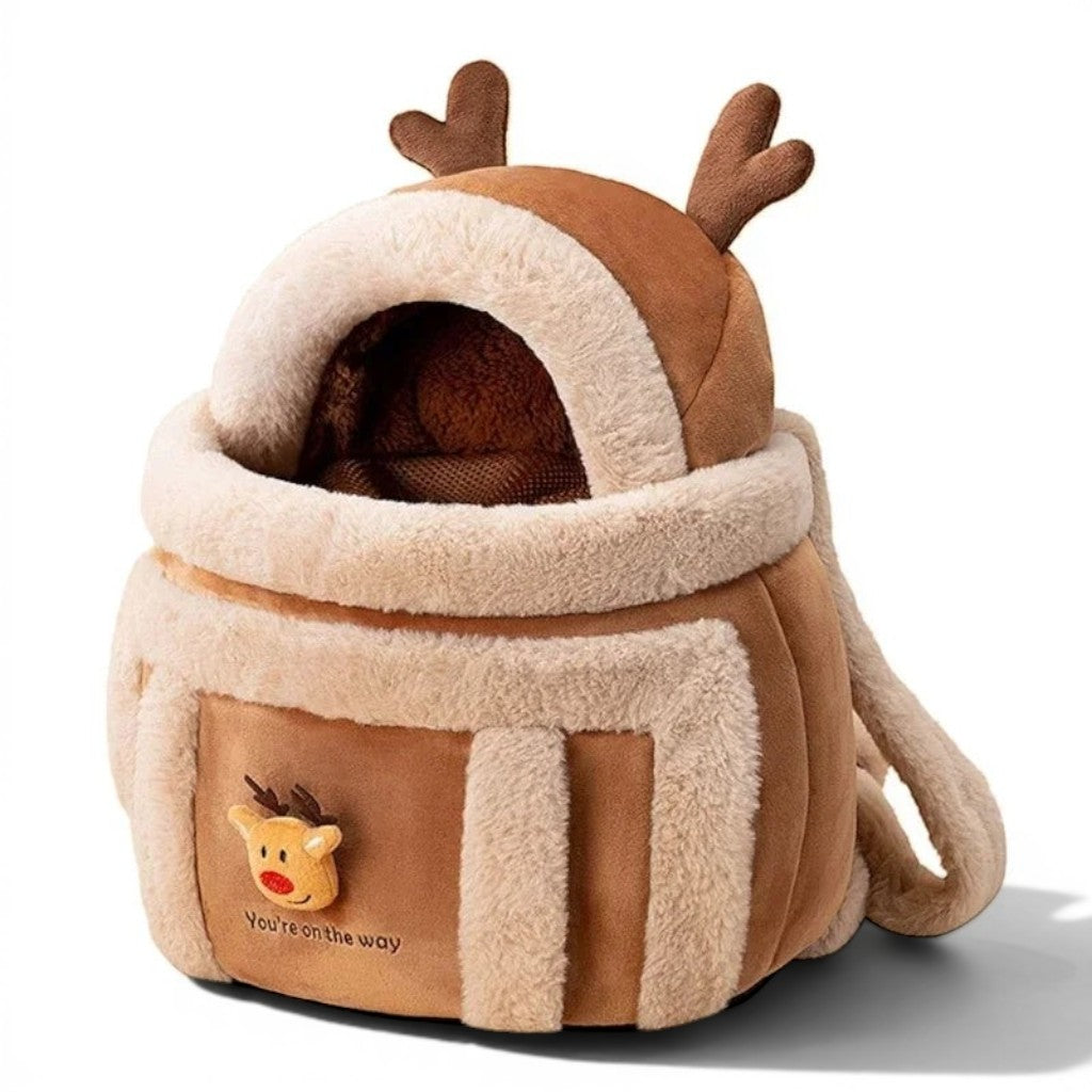 Sac de transport Esprit Chat pour chaton, style hivernal marron en fourrure douce avec motif renne et bois